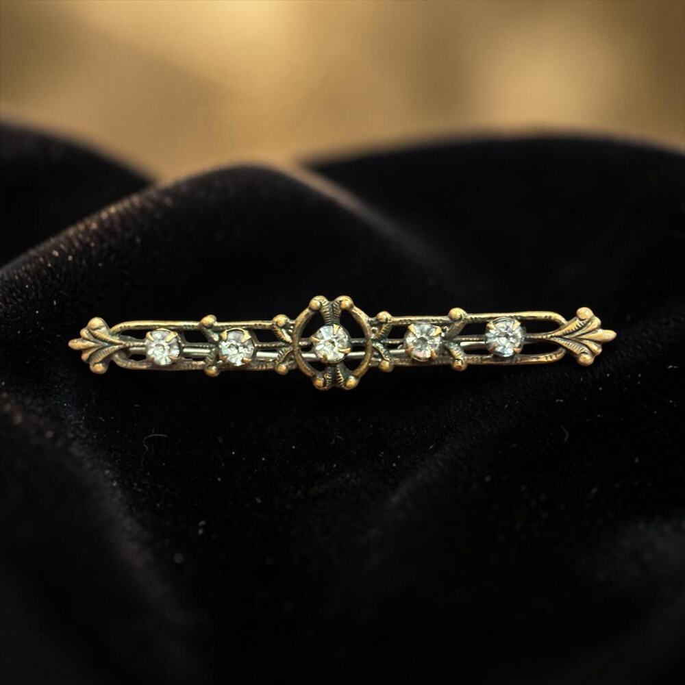 Antique Rhinestone Bar Brooch Edwardian Deco Long Gold Tone Paste Pin